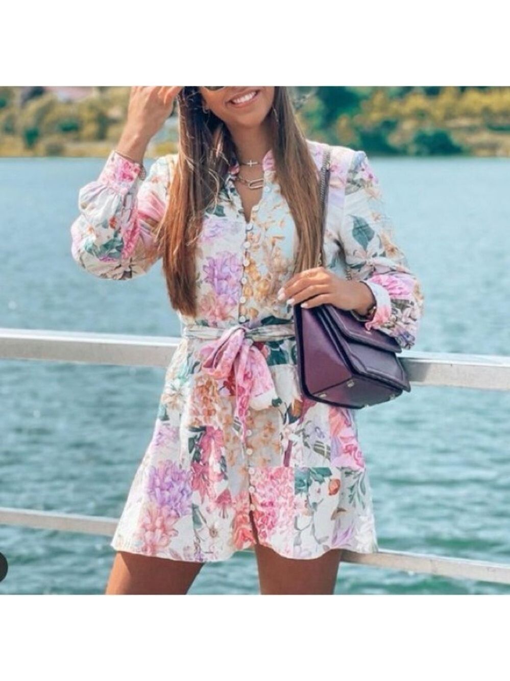 Zara Linen Blend Floral Print Belted Button Front Long Sleeve Mini Dress - Picture 3 of 16
